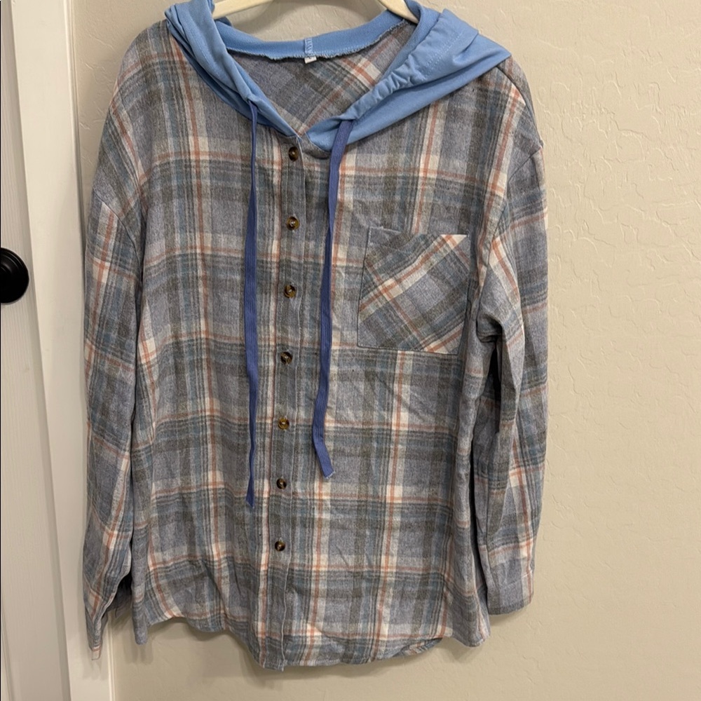 Plaid Button-Up Shirt with Blue Hood
